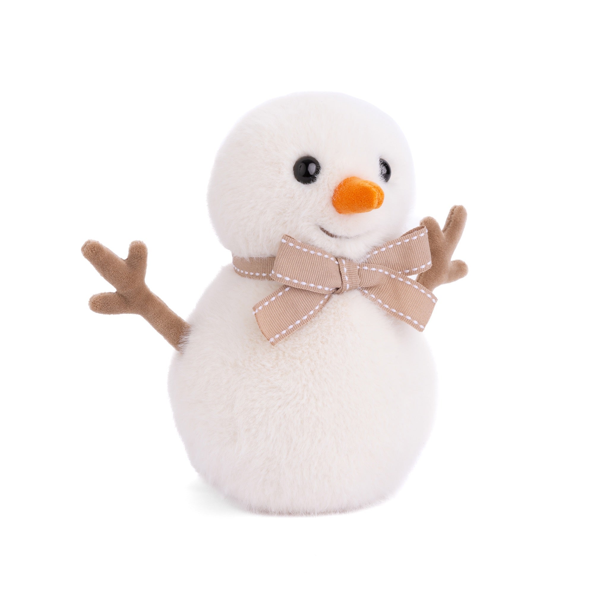 Small plush snowman with a brown bow tie on a white background