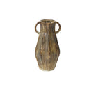 Decorative vase with ribbed texture and two handles on a white background