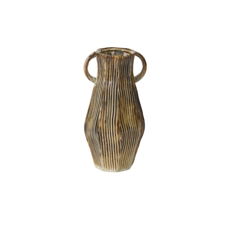 Decorative vase with ribbed texture and two handles on a white background