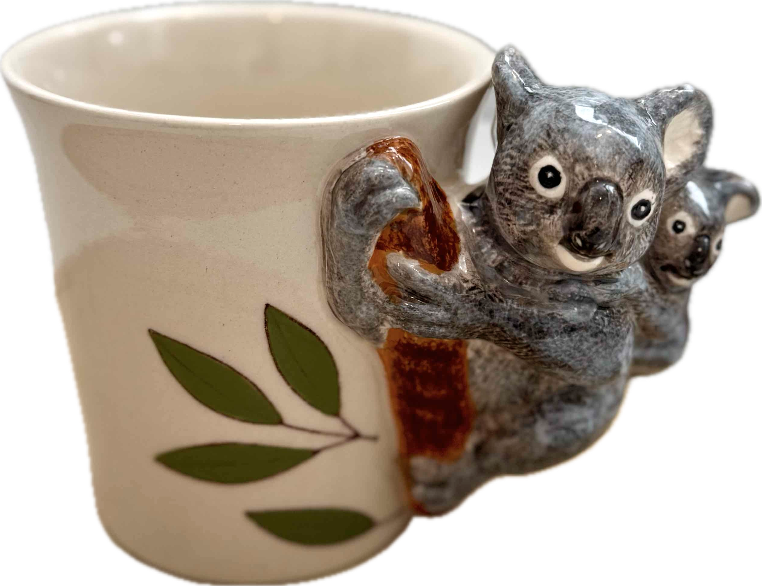 Ceramic mug with a koala design on a white background