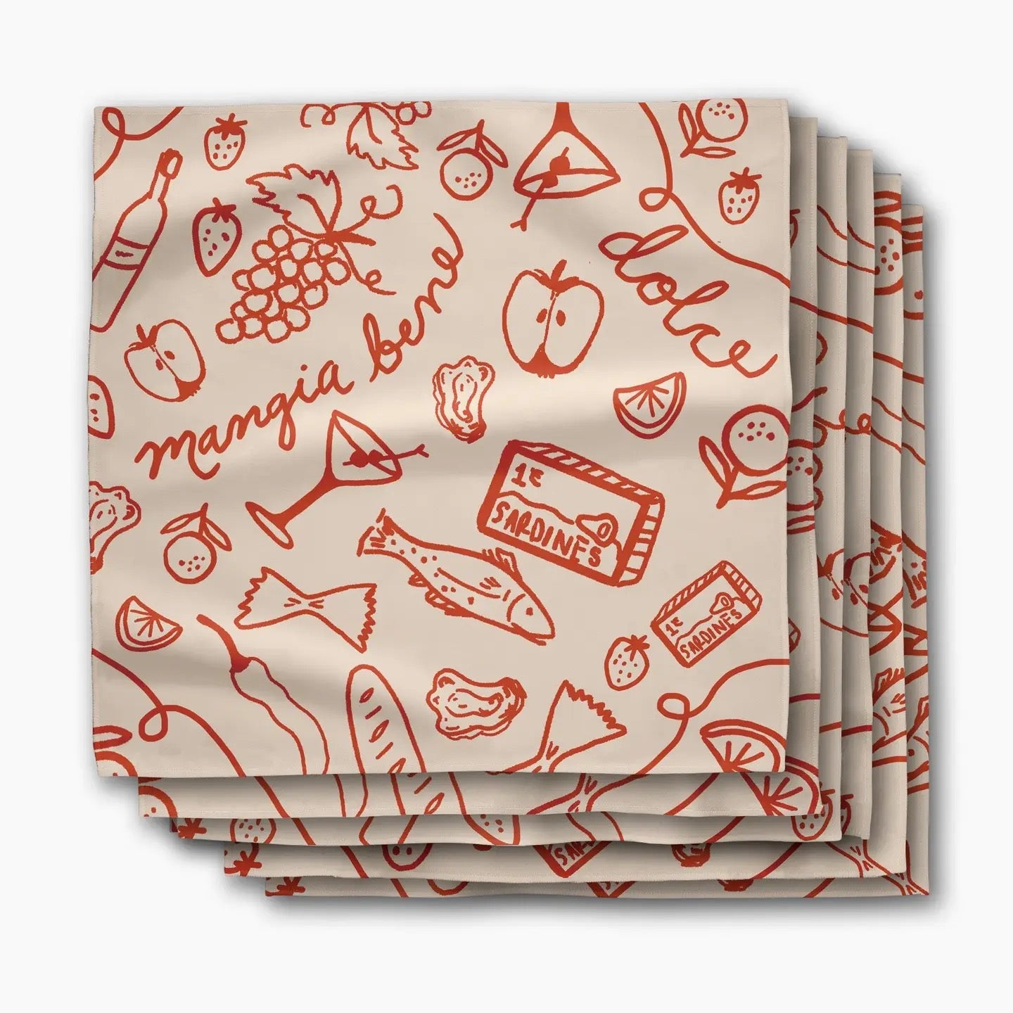 Set of four beige napkins with red food-themed illustrations and text.