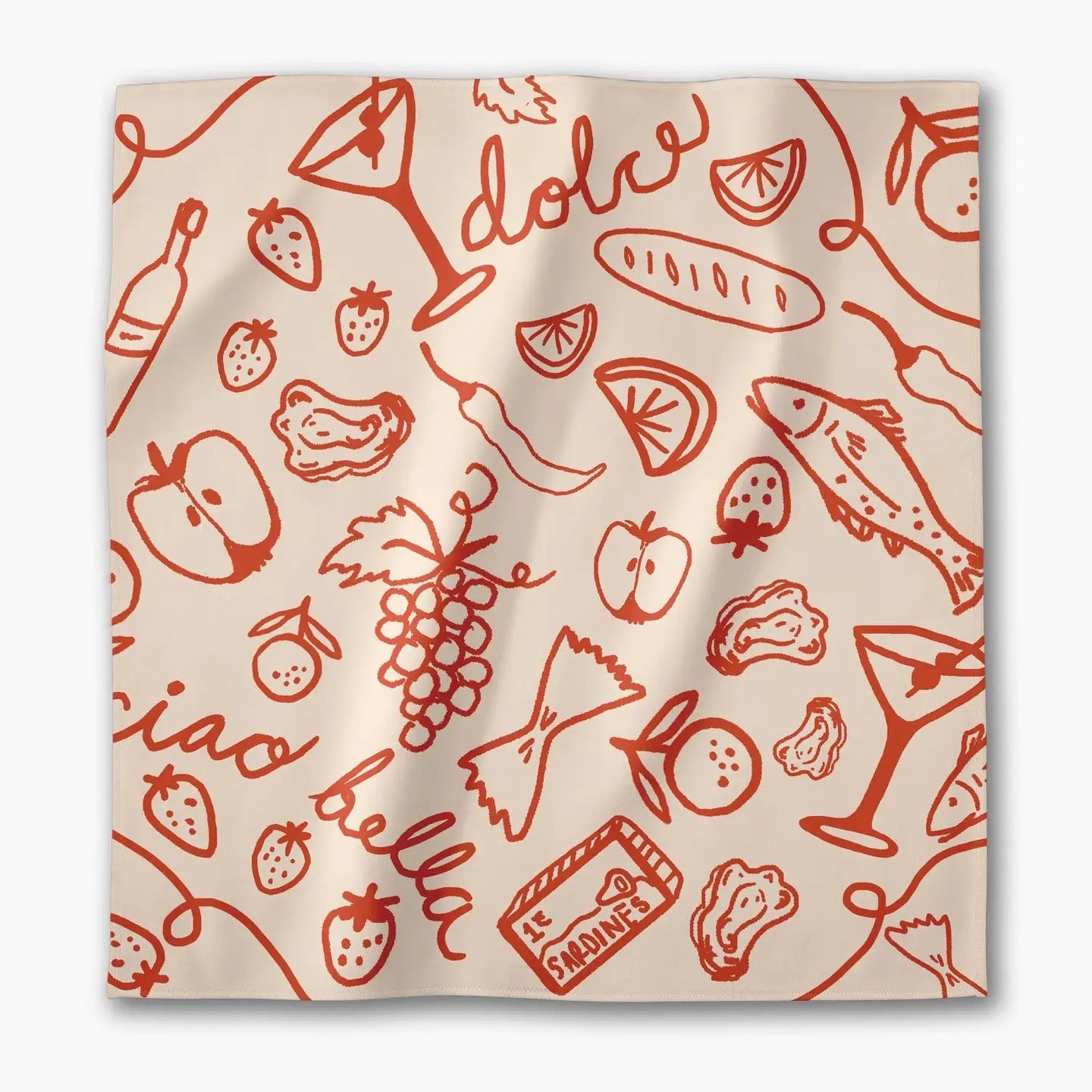 Beige fabric with red food-themed patterns and text on a white background