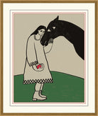 A framed art print featuring a stylized illustration of a woman in a cream dress standing beside a large black horse, with a green ground and beige sky background.