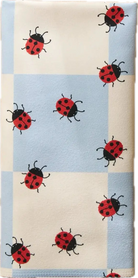 A square textile item, likely a tea towel or napkin, featuring a light blue and cream checkered pattern with red and black ladybugs printed across it.