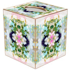 A square tissue box cover with a floral and ornamental print, featuring a top opening and a metallic gold-toned frame, shown on a plain white background.