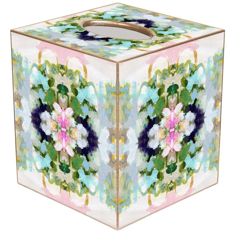 A square tissue box cover with a floral and ornamental print, featuring a top opening and a metallic gold-toned frame, shown on a plain white background.