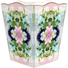 A three-panel folding screen with a symmetrical abstract floral design in pastel pink, mint green, light blue, and white, accented with gold leaf details along the top and edges.