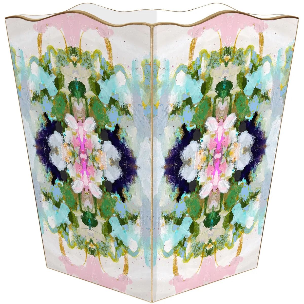 A three-panel folding screen with a symmetrical abstract floral design in pastel pink, mint green, light blue, and white, accented with gold leaf details along the top and edges.