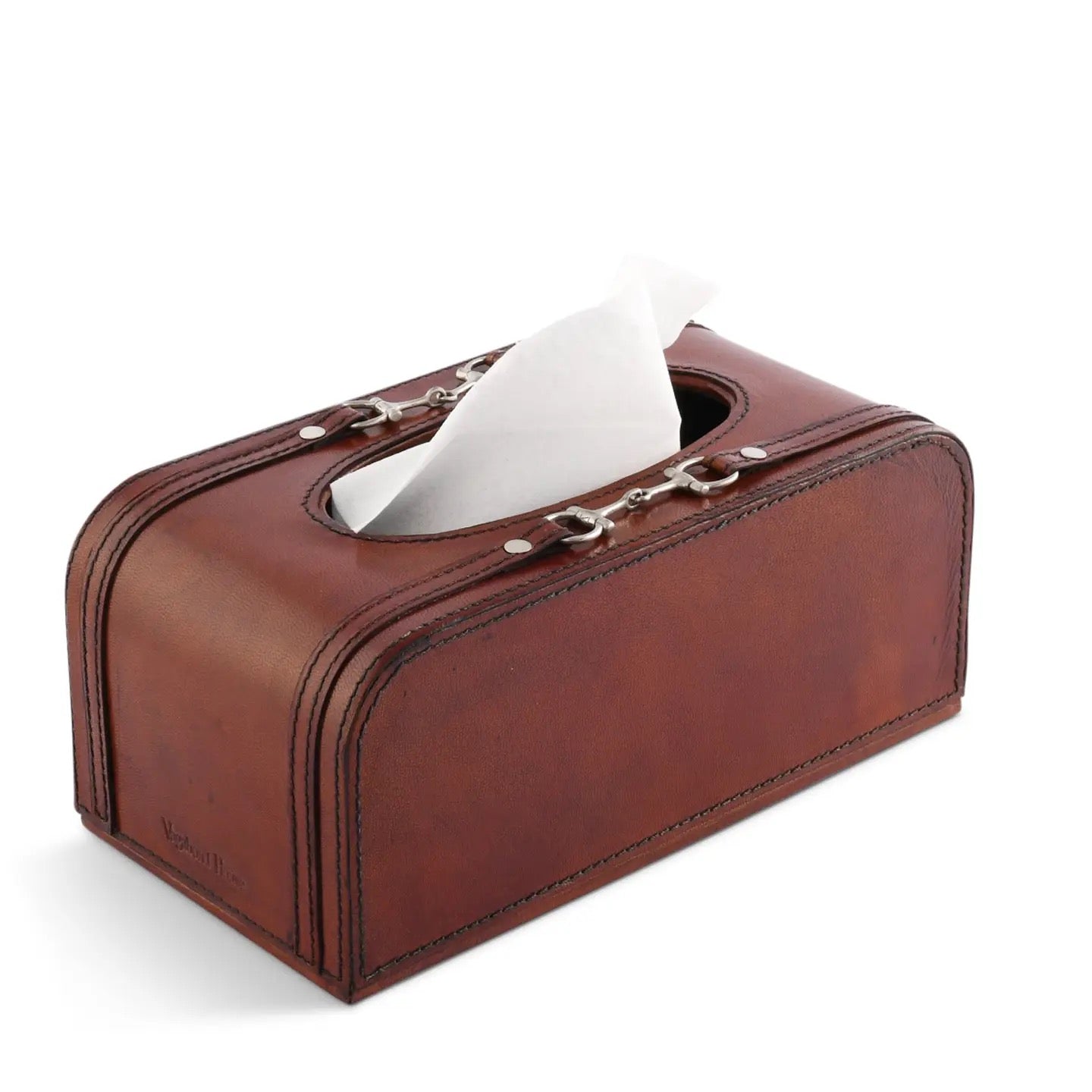Brown leather tissue box with a white tissue on a white background