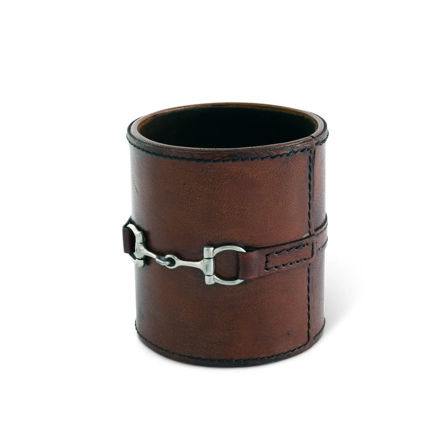 Brown leather cup with metal buckle on a white background