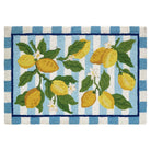 Decorative rug with lemon design and blue and white striped border