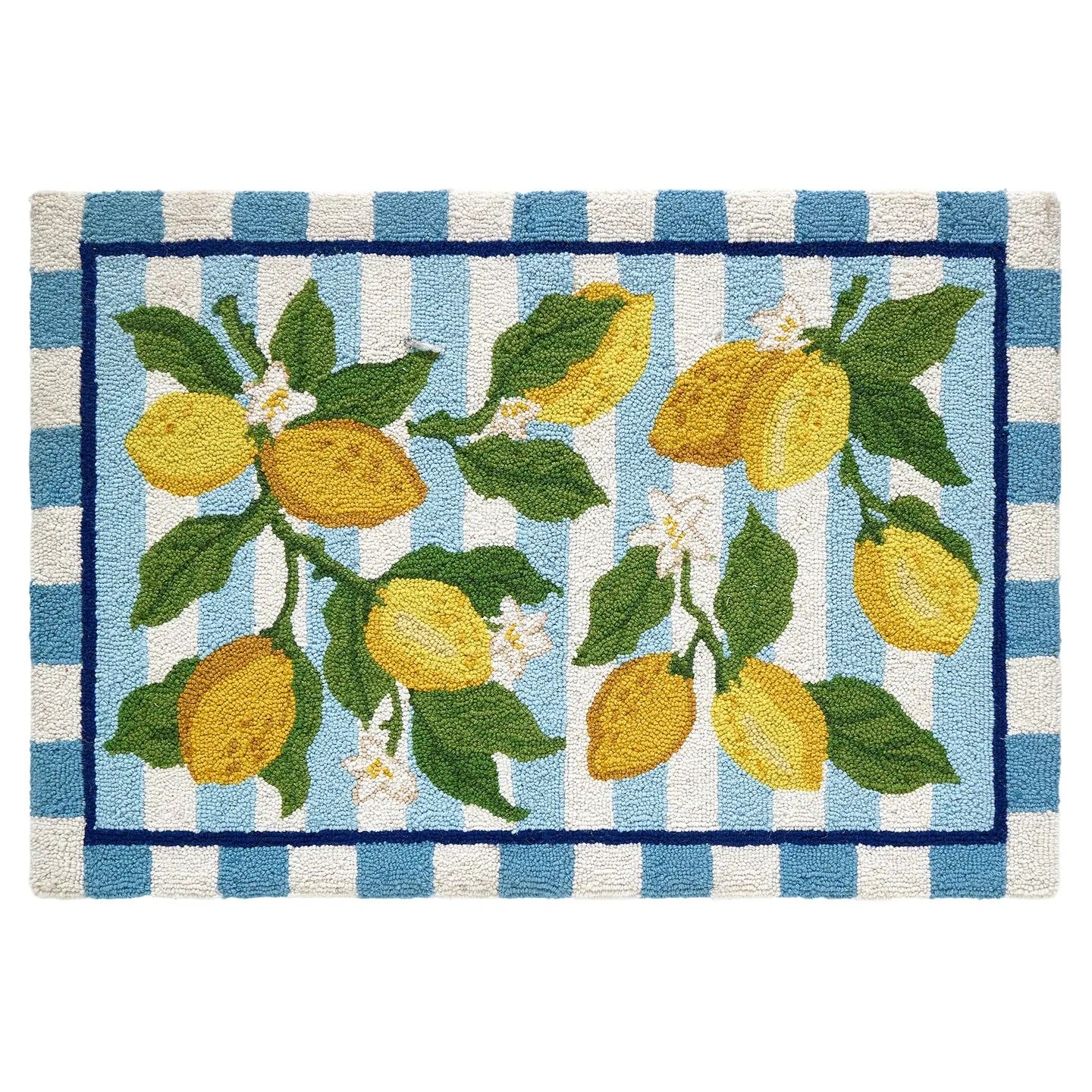 Decorative rug with lemon design and blue and white striped border