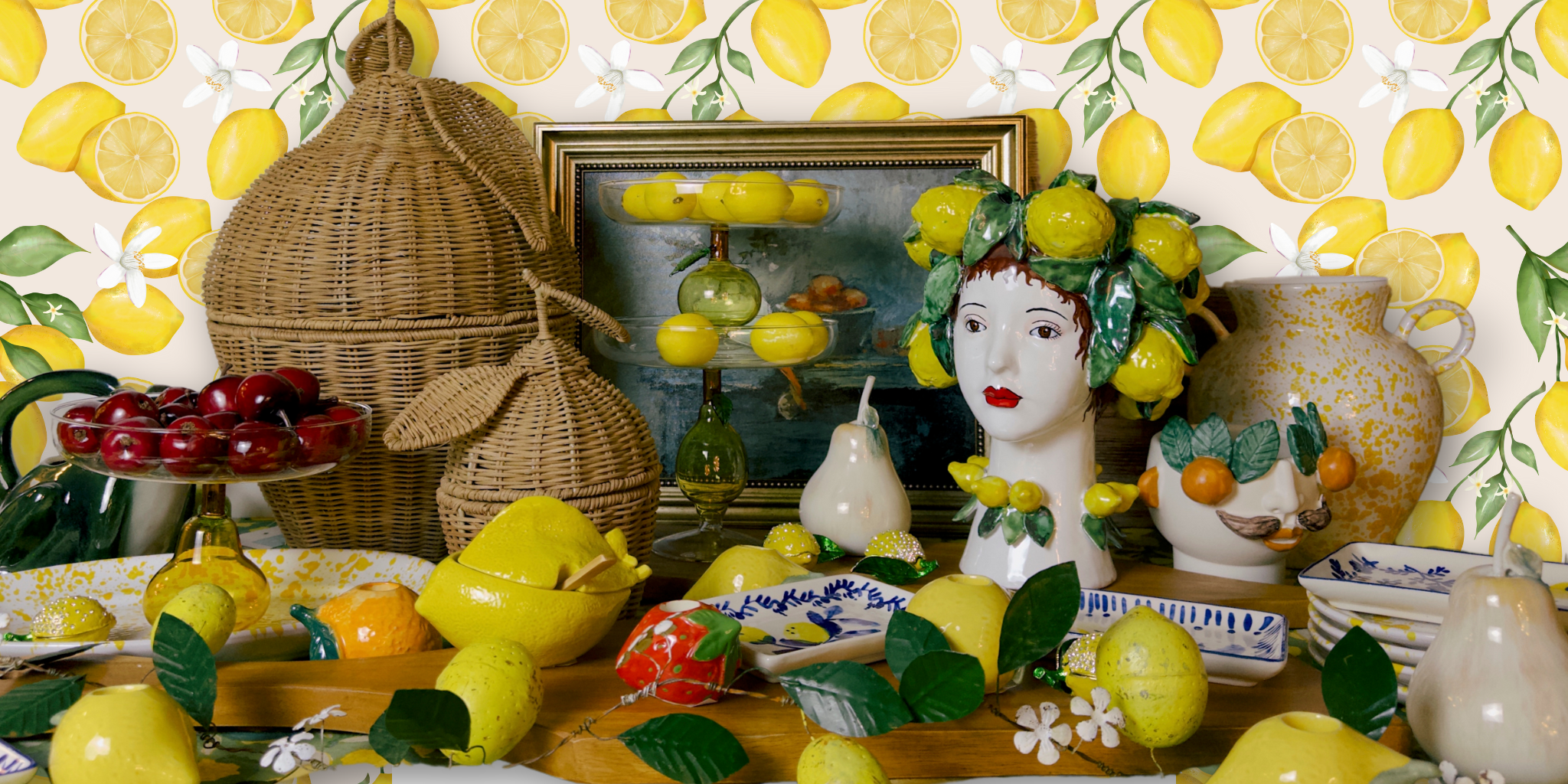 Zesty home decor like ceramic lemon sugar dish, lemon candleholder, lemon shaped baskets, lemon cake pedestals and appetizer plates with lemons painted on them as well as ceramic lady head with lemons on her head. 