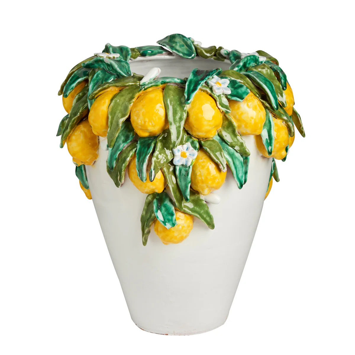 Decorative vase with lemon design on a white background