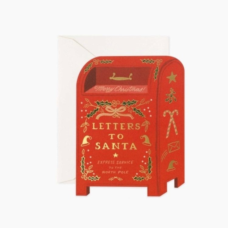 Red mailbox with 'Letters to Santa' text on a white background