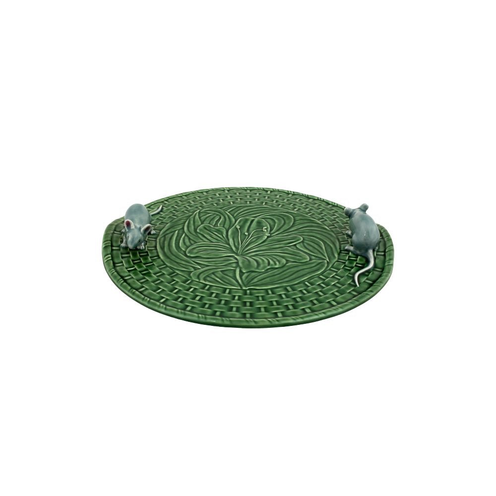 Green mouse pad with two gray mice on a white background