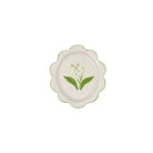 A scalloped ceramic plate in off-white with a green lily of the valley floral design in the center and a thin green scalloped rim, shown against a plain white background.