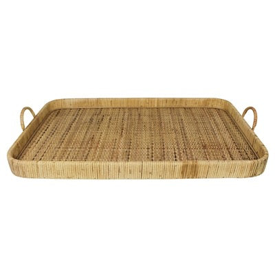 A rectangular woven rattan tray with two loop handles on the sides, shown against a plain white background.