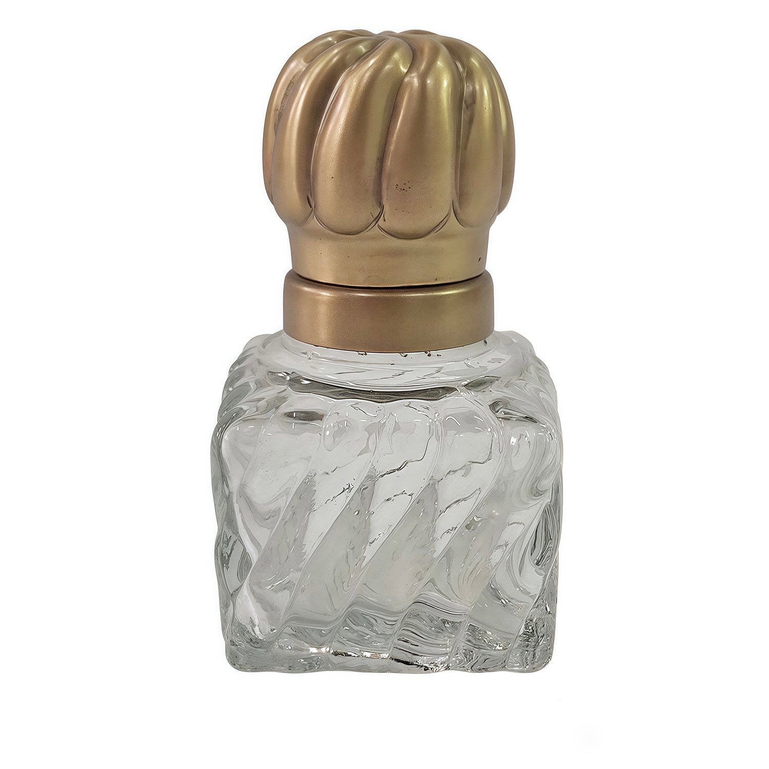 Clear glass perfume bottle with a gold cap on a white background