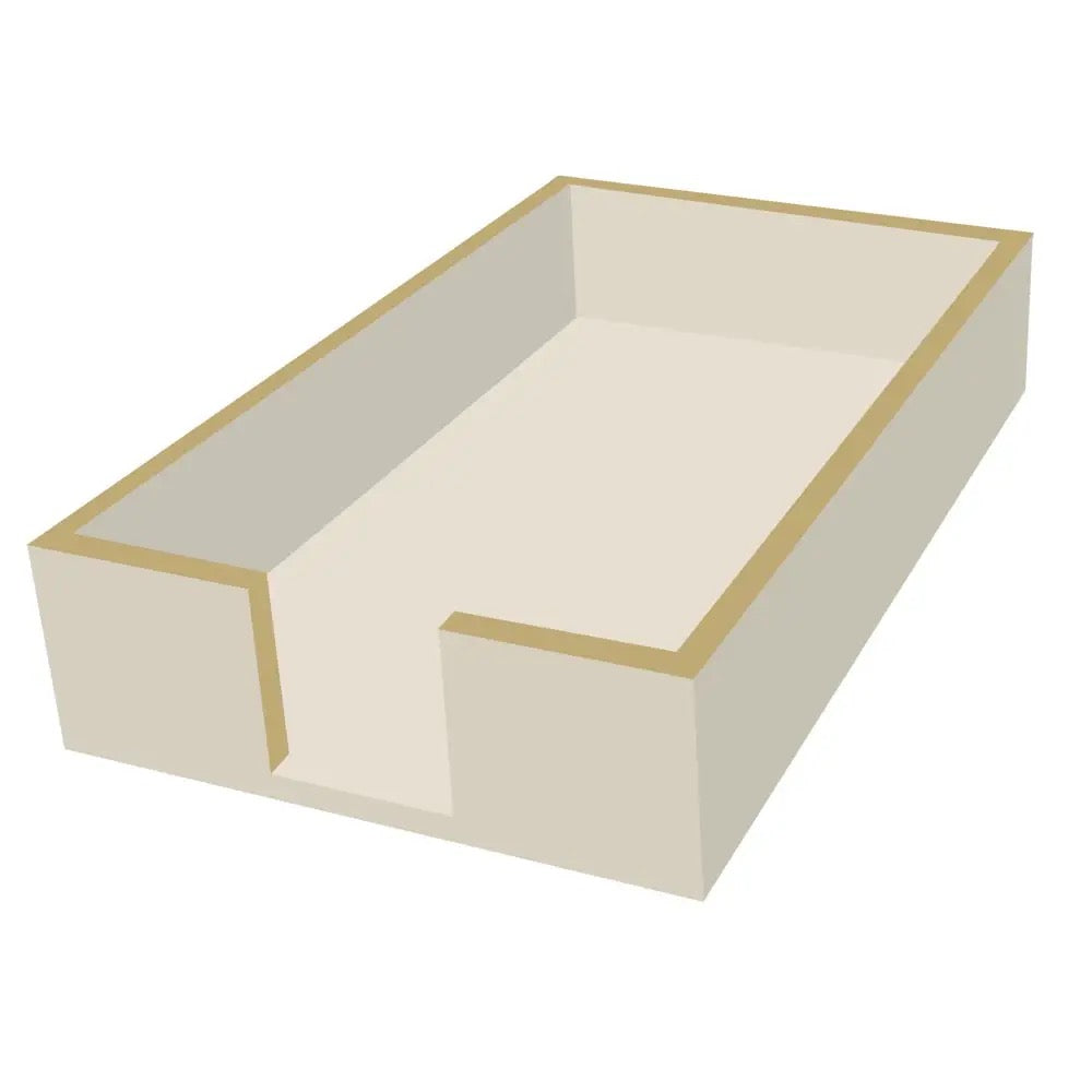 Rectangular white container with gold trim on a white background