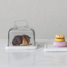 Glass cake stand with a loaf of bread on a marble surface