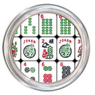 Circular object with Mahjong tile designs on a white background