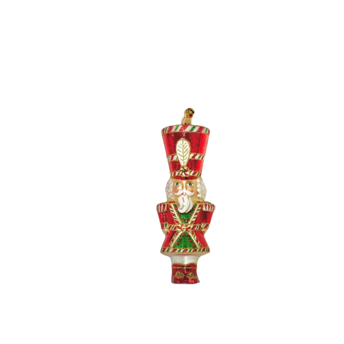 A classic Christmas nutcracker ornament featuring a red and green striped uniform, a gold-trimmed tall hat, and a white beard, shown against a plain white background.