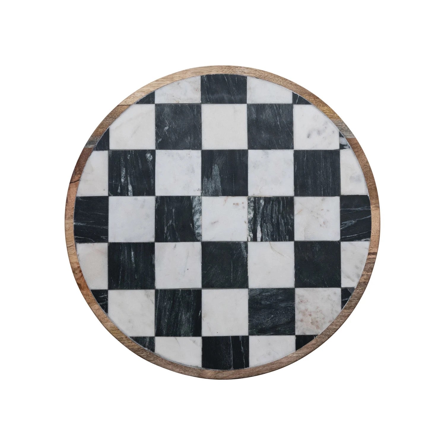 Round table top with black and white checkered pattern on a white background