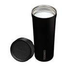 Black Corkcicle tumbler with a silver lid on a white background