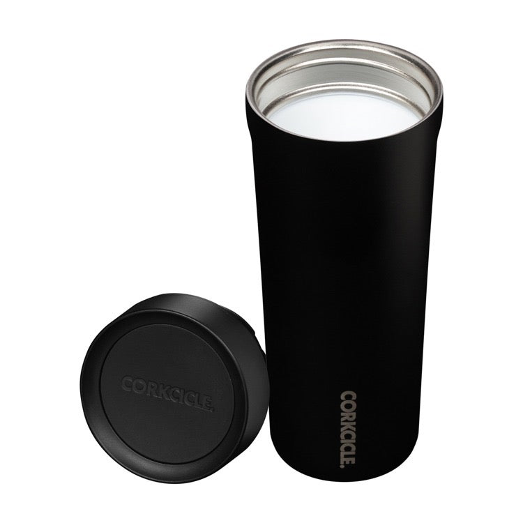 Black Corkcicle tumbler with a silver lid on a white background