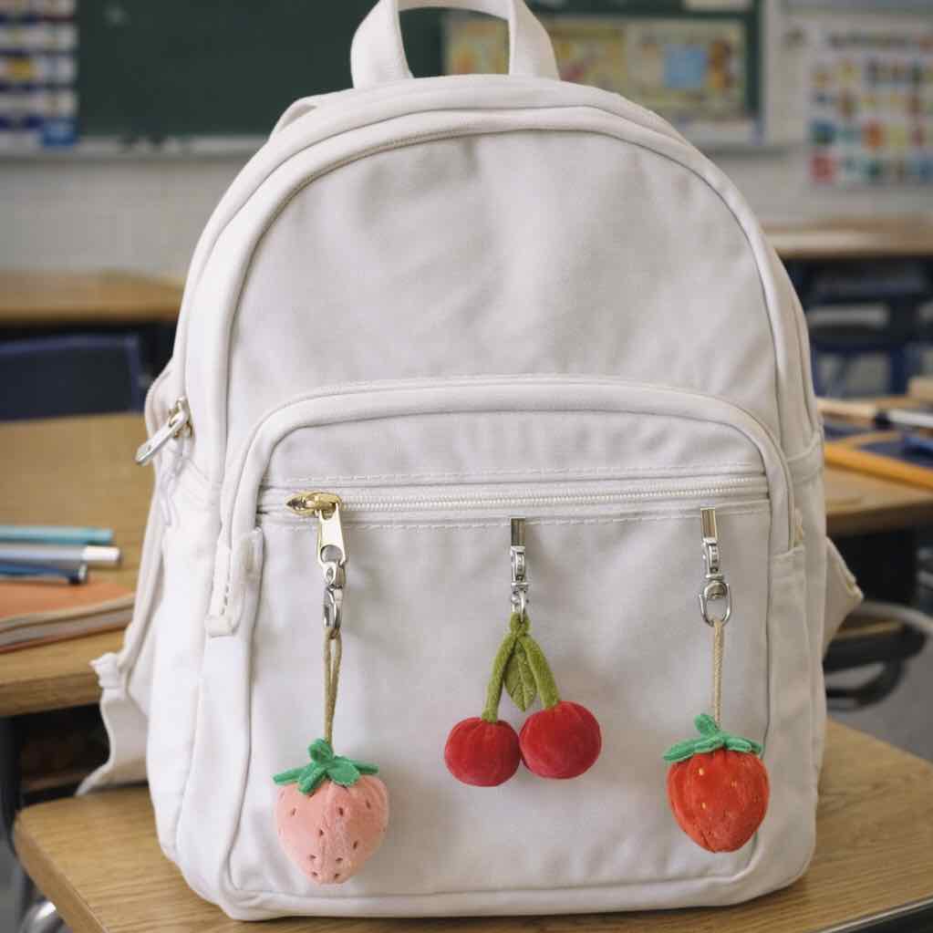 White backpack with fruit-themed keychains on a classroom desk