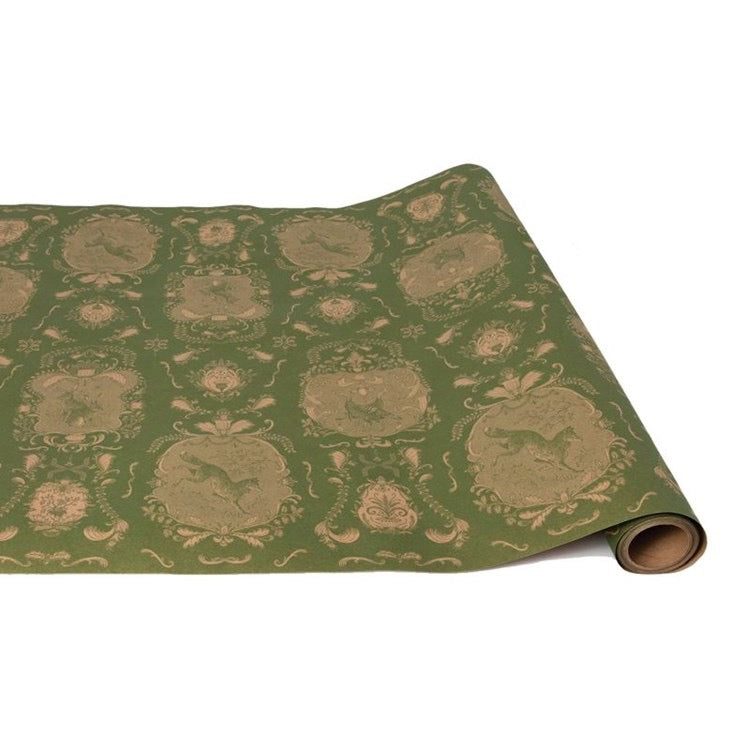 Roll of green paper with brown pattern on a white background
