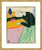 A framed art print featuring a stylized illustration of a person leaning over a table with a pink cup, surrounded by a wide white mat and a decorative gold frame.