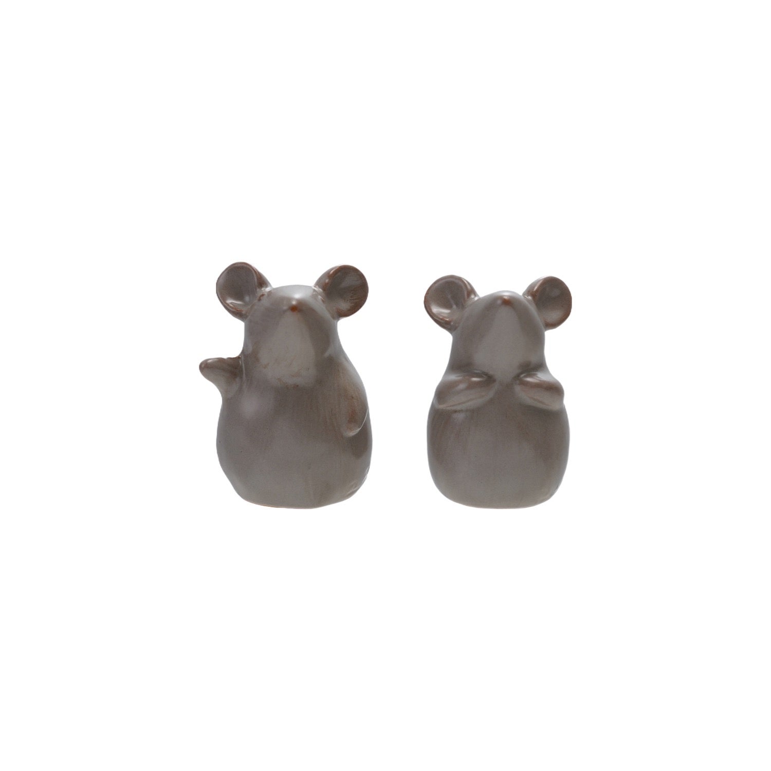 Two gray ceramic mouse figurines on a white background