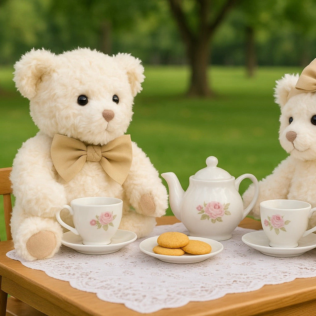 Two teddy bears with a tea set on a table outdoors.