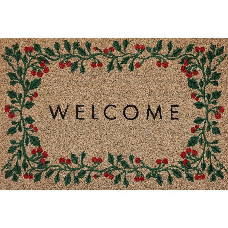 Doormat with 'WELCOME' text and holly design on a plain background