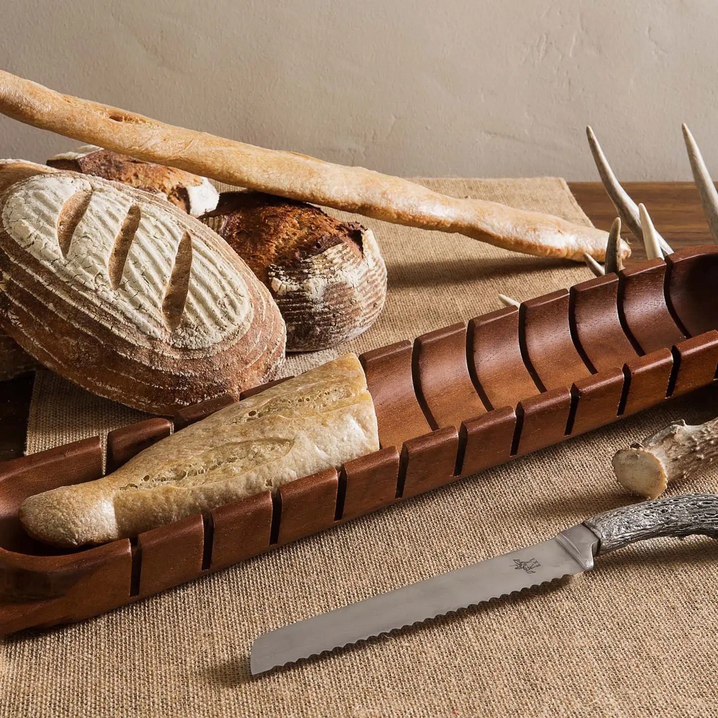 Oval Bread Board with Antler Knife