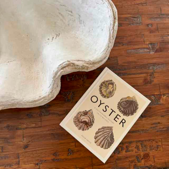 Book titled 'Oyster' with illustrations on a wooden surface next to a large shell.