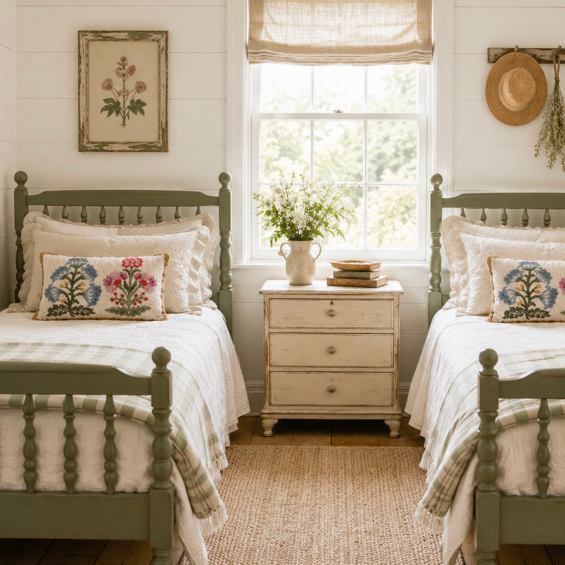 Two twin beds in a bedroom with a nightstand and decorative elements.