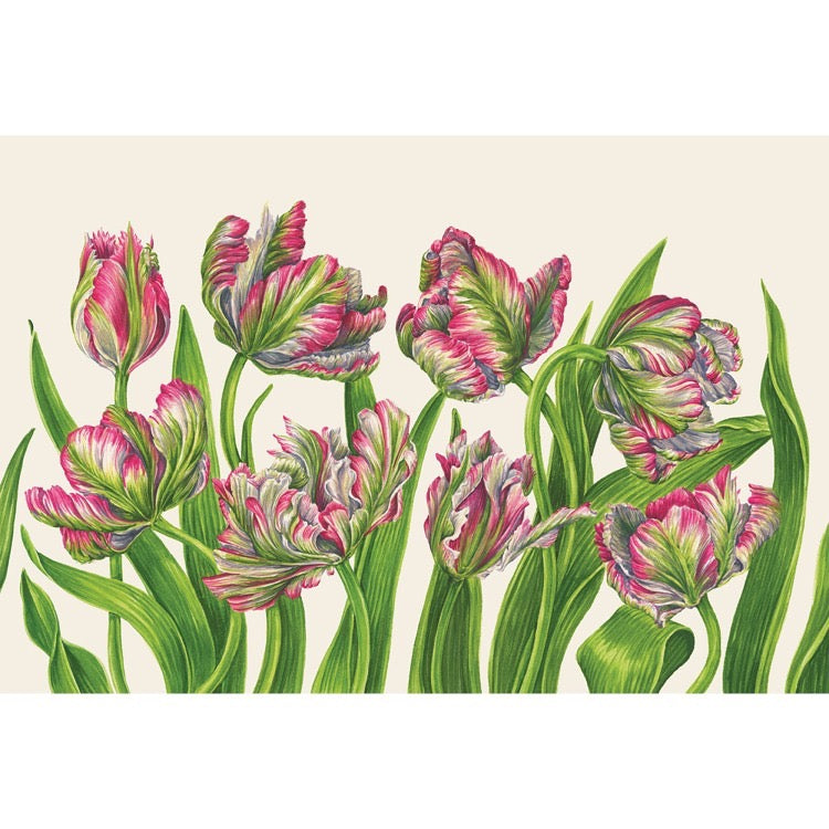 Illustration of pink and green tulips on a beige background