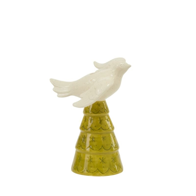 Decorative ceramic object with a bird on top on a white background