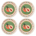 Four ceramic plates with peach illustrations on a white background
