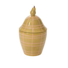 Ceramic jar with plaid pattern and bird-shaped lid on a white background