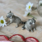Two silver raccoon figurines on a textured surface with flowers in the background
