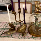 Decorative candle holder with candles and owl-themed items on a table.