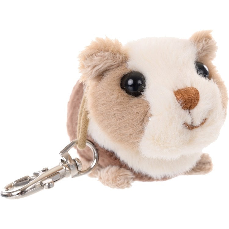 Plush keychain of a guinea pig with a white and brown color scheme on a white background
