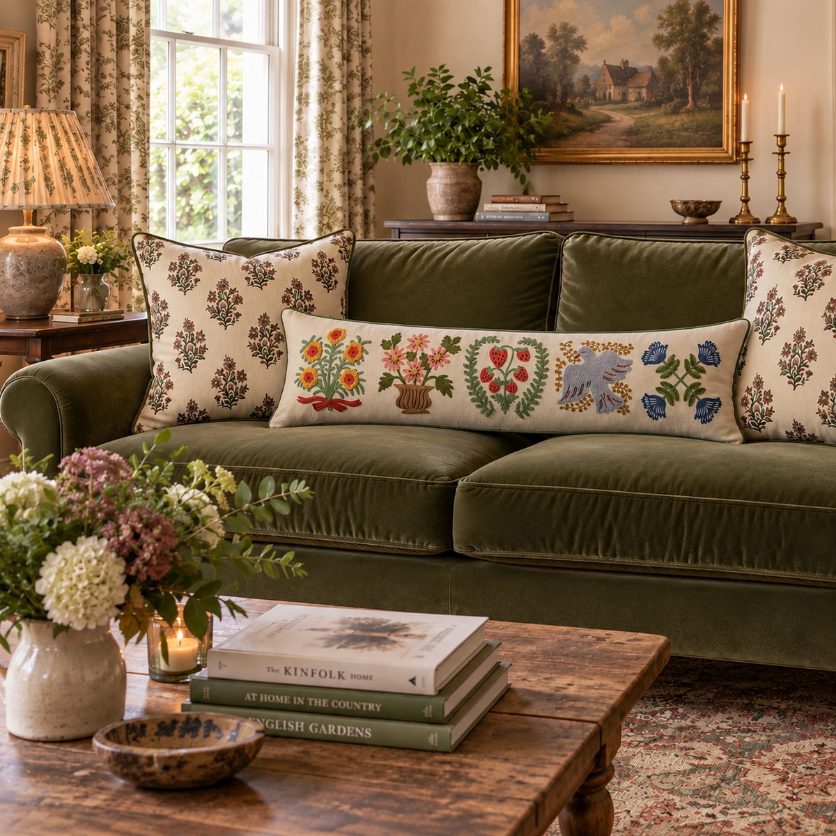 Living room with velvet sofa and showing pillows on the sofa