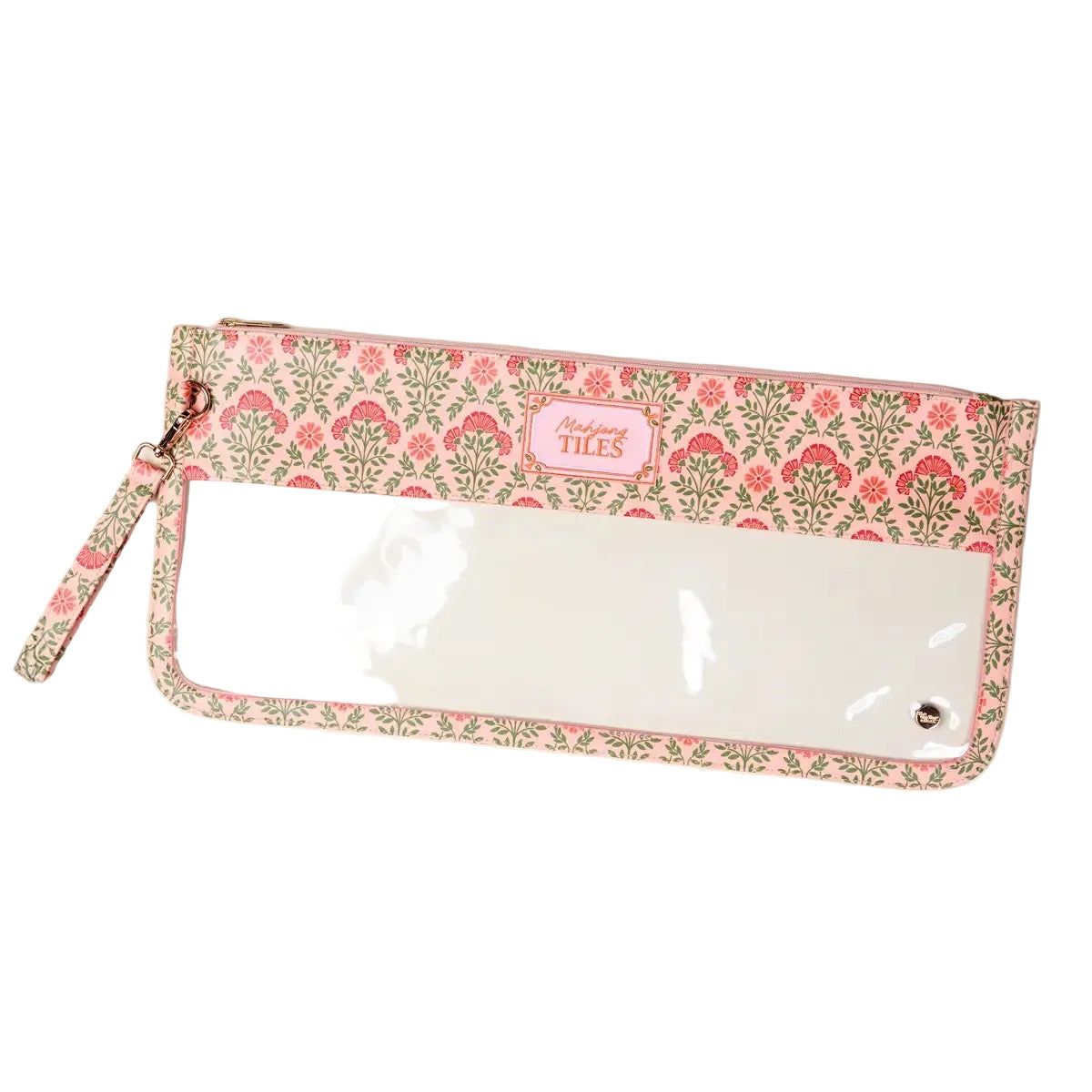 A floral patterned zip-around pouch with a clear plastic front window and a wristlet strap, shown on a plain light background. A small label reads 'Maison TILES'.