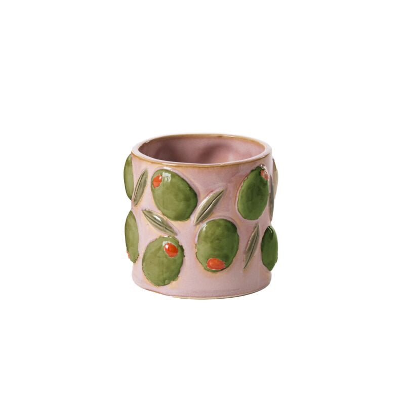 Ceramic vase with green leaf patterns on a white background