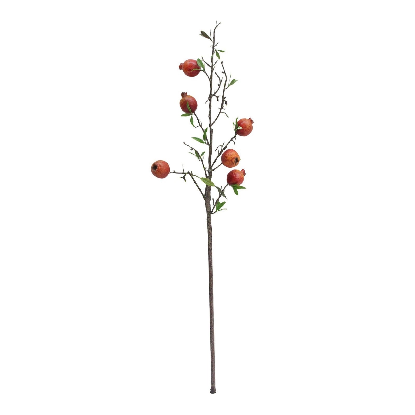 A single artificial pomegranate branch with realistic brown stems, green leaves, and multiple reddish-brown pomegranate fruits, isolated on a white background.